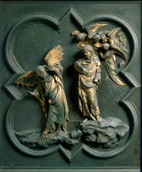 North Gate (Called Gate of the Cross, in the North), Exterior Detail: The Temptation of Christ, Bronze Sculpture by Lorenzo Ghiberti (1378-1455)