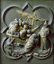 North Gate (called Gate of the Cross, to the North), external detail: Christ walking on water. Bronze sculpture made by Lorenzo Ghiberti