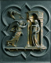 North Gate (called Gate of the Cross, in the North), exterior detail: The Annunciation (Bronze sculpture by Lorenzo Ghiberti)