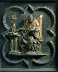 North Porte, exterior detail: Saint Ambrose. Bronze sculpture by Lorenzo Ghiberti