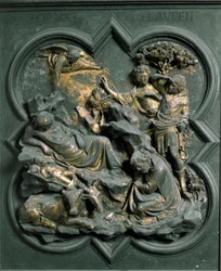 North Porte, exterior detail: The Nativity. Bronze sculpture by Lorenzo Ghiberti