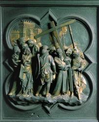North Gate (Called Gate of the Cross, in the North), Exterior Detail: The Ascent to Calvary, Bronze Sculpture by Lorenzo Ghiberti (1378-1455)