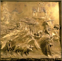 The Story of Cain and Abel: The Sacrifice, The Murder of Abel and God Banishing Cain, original panel from the East Doors of the Baptistery, 1425-52 (after restoration)
