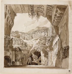 Stage Design with a Man Fighting a Dragon in a Cave