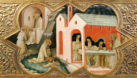 Altarpiece of the Coronation of the Virgin (Incoronazione della Vergine). Detail depicting scenes from the life of Saint Benedict of Nursia