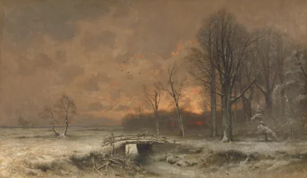 Winter Scene with the Sun Setting Behind Trees