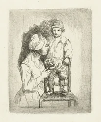 A Mother Sewing a Button on Her Son