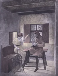 Simona spinning, illustration from Decameron of Boccaccio