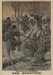 Russian soldiers on skis capturing a group of Germans, World War I