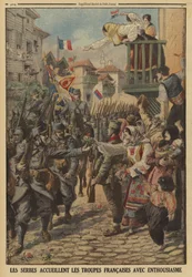 Serbian civilians enthusiastically greeting the arrival of French troops, World War I
