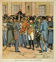 Illustration from the book The Memorial of Saint Helene by Count Emmanuel de Las Cases: The farewell of Napoleon to his guard at Fontainebleau