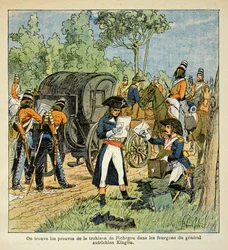 Illustration from the book The Memorial of Saint Helene by Count Emmanuel de Las Cases: During the passage of the Rhine, Moreau discovers the correspondence between Pichegru and the Prince of Conde