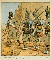 Illustration from the book The Memorial of Saint Helene by Count Emmanuel de Las Cases: English Soldiers of the 1st Regiment of the Guard in a roadstand (Spain 1814)