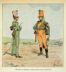 Illustration of Bombled Louis (1862-1927) from the book "The Memorial of Saint Helene" by Count Emmanuel de Las Cases (1766-1842): Armee Francaise: Scout and hunter of the young guard 1813 - 1815, Private collection