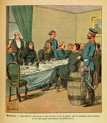 The Eastern Army of Eugene Sergeant, known as Grenest, illustrated by Louis Bombled (Franco-German War; campaign of 1870-1871): In Rougemont, the German officers were given a sum by the mistress of the house where they are lodged