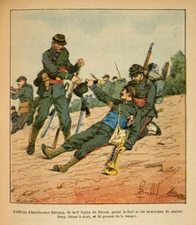 The Eastern Army of Eugene Sergeant, known as Grenest, illustrated by Louis Bombled (1862-1927) (Franco-German War; campaign of 1870-1871): Battle of Nuits Saint Georges, the clothing officer Deloupy of the 2nd Legion of the Rhone takes the rifle