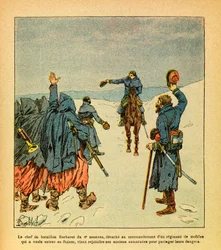 The Eastern Army by Eugène Sergeant, known as Grenest, illustrated by Louis Bombled (1862-1927) (Franco-German War; campaign of 1870-1871): The leader of the Barberet battalions of the 4th Zouaves is detached to command a regiment of the Mobile Guard that