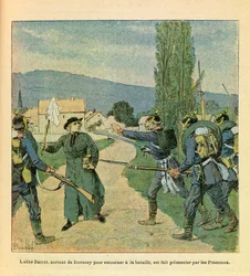 The Eastern Army of Eugene Sergeant, known as Grenest, illustrated by Louis Bombled (Franco-German War; campaign of 1870-1871): Abbe Barret leaving Devecey to join the French was taken prisoner by the Prussians during the fighting at Cussey