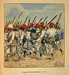 The War in Madagascar: Anecdotal History of the French Expeditions of 1885-1895 by Henri Galli, Illustrated by Louis Bombled: Column of Haoussas Tirailleurs Marching in 1895