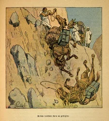 The War in Madagascar-Anecdotal History of the French Expeditions of 1885-1895 by Henri Galli, illustrated by Louis Bombled: Mulets of a military convoy falling into a precipice