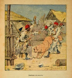 The War in Madagascar-Anecdotal History of the French Expeditions of 1885-1895 by Henri Galli dit Galllichet (1854-1922), illustrated by Louis Bombled (1862-1927): Looting of Tirailleurs in Farms, Private Collection