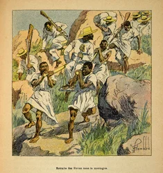 The War in Madagascar-Anecdotal History of the French Expeditions of 1885-1895 by Henri Galli dit Galllichet (1854-1922), illustrated by Louis Bombled (1862-1927): Retreat of Hovas Troops in the Mountains, Private Collection