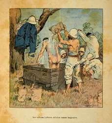 The War in Madagascar - Anecdotal History of the French Expeditions of 1885-1895 by Henri Galli, Illustrated by Louis Bombled: The Lefebvre Cars Used as a Bathtub by Soldiers in 1895 in Madagascar, Private Collection