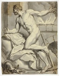 Male Nude Kneeling beside a Furnace, with Helmet and Metal Gloves on Floor