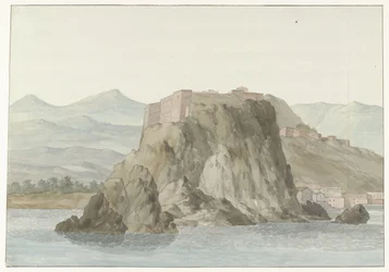 Rock and City of Scilla in the Calabria Region Seen from the Sea on the North Side