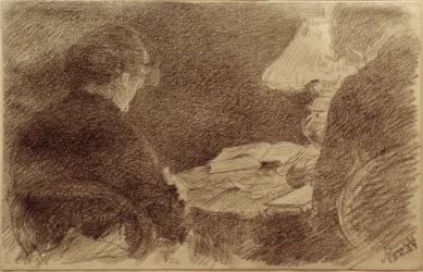 Mary and Emma Eysen under a Table Lamp