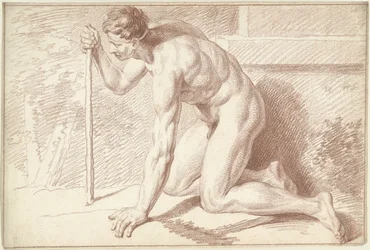 Male Nude, Kneeling, with Stick, Facing Left