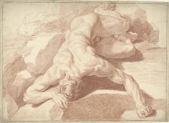 Male nude, lying on his stomach, shown in foreshortening