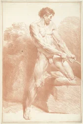 Male Nude, Standing, Pulling a Rope