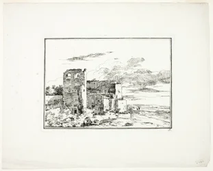 Ruined Buildings near a River Bank, plate 9 from Fourth Series of Landscapes Drawn and Etched by Moreau