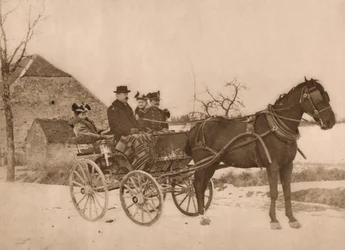 Men and women in a horse-drawn carriage, 1937