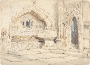 Interior of a Church with a Wall Tomb and Medieval Font