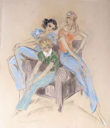 Three Girls Seated on an Armchair