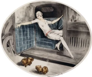 Woman in a Car with Two Pekinese