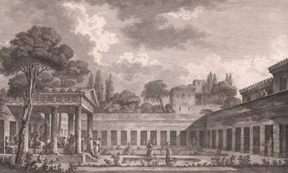 Ideal reconstruction of Villa of Diomedes in Pompeii to its original state before volcano eruption of Mount Vesuvius in 79 AD, Campania, Italy (etching after drawing by Louis Jean Desprez)