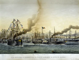 Napoleon III escorted by the battlesee fleet went to Algeria in September 1860, engraving of 1865.