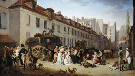 Arrival of stagecoach in courtyard of Messageries