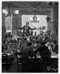 In the middle, on a table, Desroches leads the charivari. Scene in a Parisian café: people sing, drink, smoke, chat and flirt around tables. In “Trente ans de Paris”, autobiographical collection by Alphonse Daudet (1840-1897). Engraving after Montegut.
