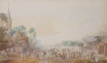 The Duke of Penthievre with Benjamin Franklin on his right side attending a review of his volunteer regiment next to his chateau at Rambouillet