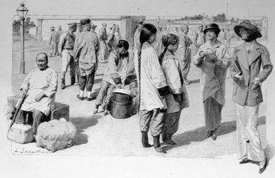 Chinese and European travellers from the Trans-Siberian during a stopover. 1913. Illustration by Sabatier