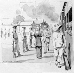 A Chinese conductor at a stop on the Transsiberian. 1913. Illustration by Sabattier