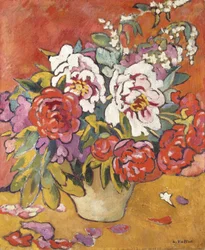 Peonies in a Pitcher against a Red Background