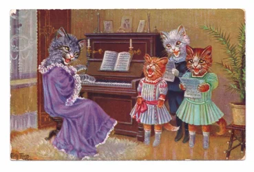 Edwardian postcard of four cats wearing human clothes around a piano having a sing-song, c. 1910