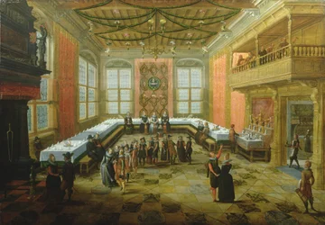 Elegant Figures Congregating in a Banqueting Hall