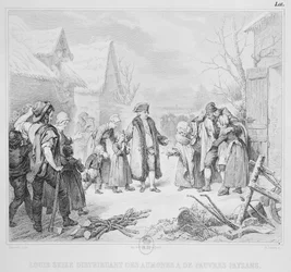 Louis XVI (1754-93) Distributing Alms to the Peasants in 1788, engraved by A. Lefevre