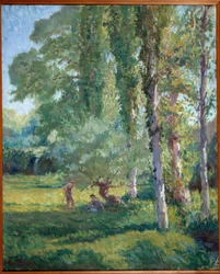 Couple on the grass under a poplar